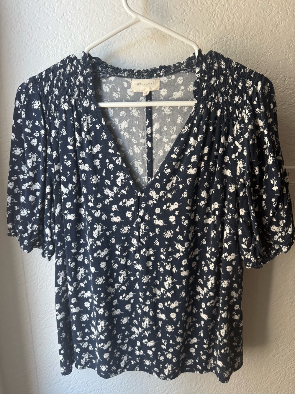 ellos Navy & White Floral V-Neck Puff Sleeve Blouse